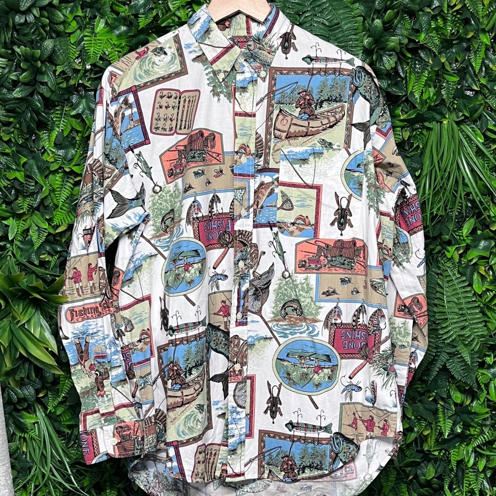Vintage Bimini Bay  Shirt Mens Medium Outfitters Fishing Print Button‎ Up 3040